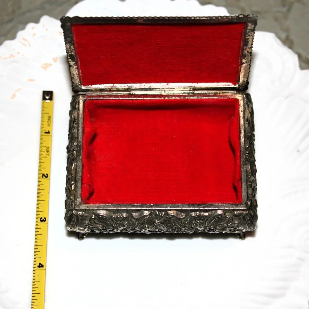 Vintage Japan Silver Jewelry Box Romantic Repoussé Trinket Case with Red Velvet